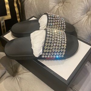 Brand new Gucci rubber crystal embellished slide sandals